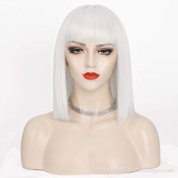 White Synthetic none Lace Front Wig Women's Short Straight Bob Wigs With Neat Tidy Bangs High Temperature Fiber Middle Part